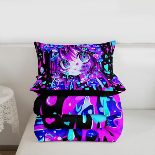 Image of Erosebridal Japanese Girl Bedding Full,Cartoon Girly Comforter Set 3D Anime Gifts Bed Sets Colorful Graffiti Print Duvet Insert 3 Pieces