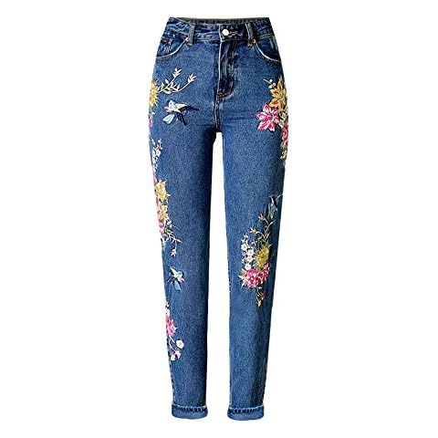 iRachel Womens 3D Bird Floral Denim Embroidered Skinny Jeans Straight Pants Cover