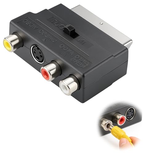 tiyiyok Adaptateur Péritel vers 3X RCA in Out + S-Video S-VHS, Compatible avec TV, DVD, VHS, Adaptateur SCART/S-VHS/AV, Consoles et Plus D'appareils