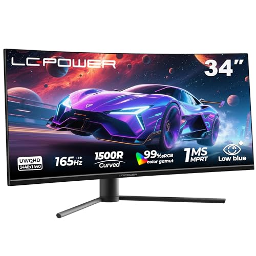 LC-POWER LC-M34-UWQHD-180-C 34 Zoll UWQHD Ultrawide Curved Monitor, 3440 x 1440, 1500R, 21:9, 180 Hz, Adaptive Sync, HDR 400, 1 ms MPRT und VA Panel, Schwarz