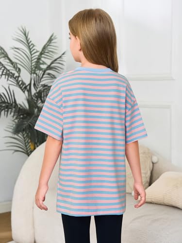 Image of Haloumoning Girls Striped Short Sleeve T Shirts Kids Summer Oversized Tops Casual Crewneck Tees 5-14 Years