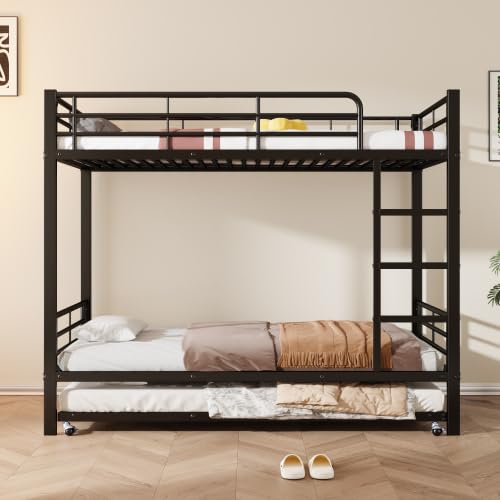 Merax Letto a castello in ferro per bambini e ragazzi, con letto estraibile, 90 x 200 cm e 90 x 190 cm, nero, con griglia laterale e scala, design salvaspazio, certificato EN747