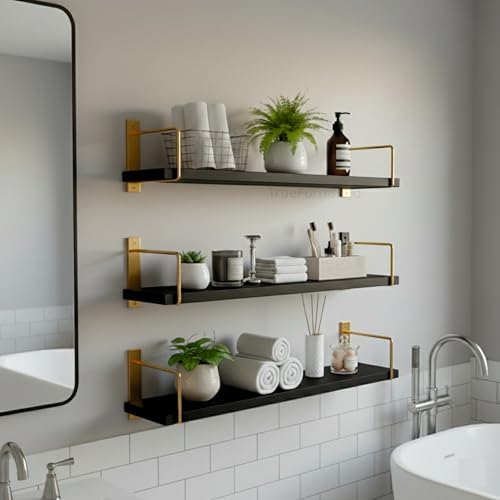 Image of Wall Shelf Mounted Bathroom Shelves Pack of 3, Golden Black Floating Shelves with Metal Brackets, Wall Storage Display Rack Toiletries, Organizer, Kitchen, Bedroom, Living Room 23.5 inch