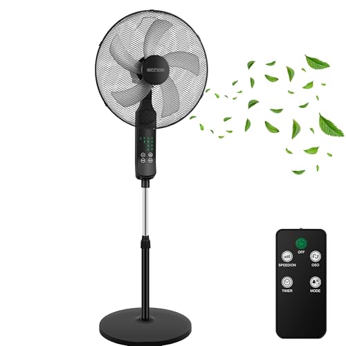 Echos® Wentylator stojący 46 cm, cichy, z pilotem zdalnego sterowania, 46 cm – 50 W, wydajny wentylator stojący z 3 prędkościami, wysoka przepustowość powietrza, timer i oscylacja – regulacja