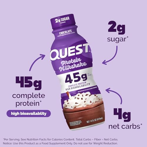 Image of Quest Nutrition Chocolate Protein Shake,45g Protein,2g Sugar,4g Net Carbs,Ready to Drink,Gluten Free,(Pack of 24)
