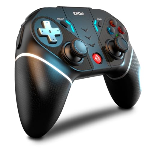 KROM KRYSTAL — Przezroczysty bezprzewodowy kontroler Bluetooth 5.0, RGB, 17 konfigurowalnych przycisków, podwójna wibracja, makra, kompatybilny z PC/Switch/Switch 2/iOS/Android