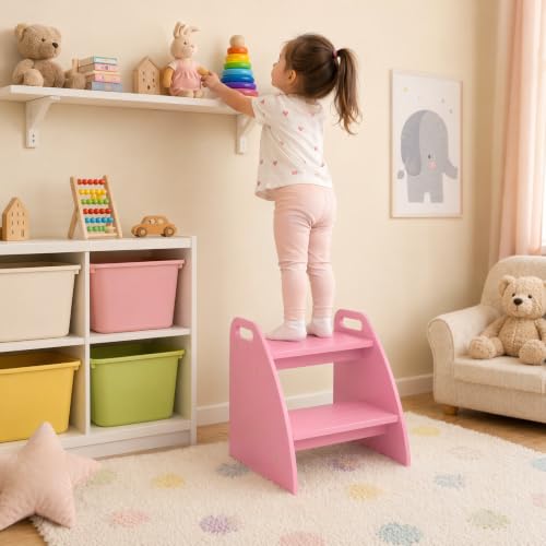 Image of Bamboo 2 Step Stool 300lbs Capacity, Wooden Two Step Stool with Non-Slip Handles, Heavy Duty Stepping Stool for Bedside High Beds Adults, Sturdy Small Bathroom Kitchen Pink Step Stool