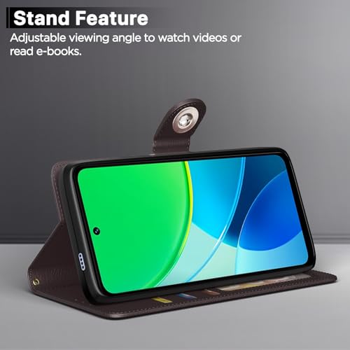 Image of Pikkme Flip Cover Leather Finish | Inside TPU with Card Pockets | Wallet Stand and Shock Proof | Complete Protection Button Flip Case for Vivo Y19s(Coffee)