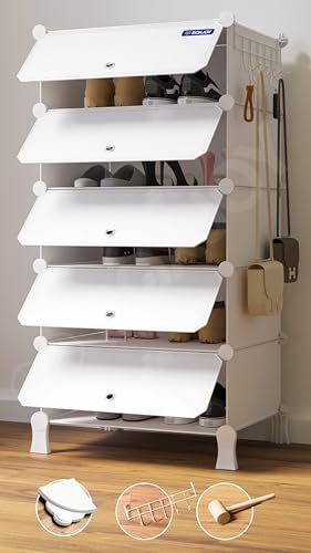 Image of BOXJOY 5 Shelf Shoe Rack Box Organizer with 5 Doors, Strong Magnets & 5 Hook Steel Holder for Home Storage, PP Plastic Cabinets with Metal Door Frame, Chappal Slipper Stand (White Rack, White Door)