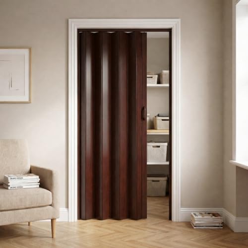 NOVECRAFTO PVC Folding Door 32 x 80 in Smooth Glide Magnetic Closure Moisture-Resistant Easy Installation Space-Saving Wood Effect Concertina Accordion Sliding Door (Dark Brown Oak)