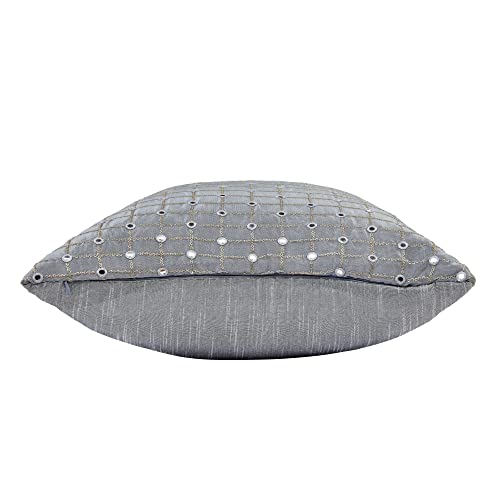 Image of Embroidered Cushion Cover 18 inch x 18 inch Set of 2, Silver Grey Cushion Covers with Mirror Work, Sofa Pillow Cover, Designer Kushan Pillows for Sofa