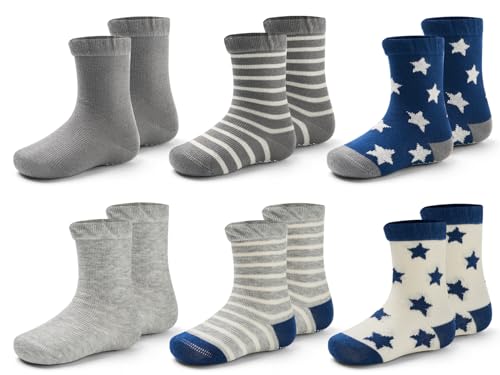 Mardonskey Toddler Cotton Crew Socks Baby Non Slip Grip Socks for Boys Girls 6 Pack Cute Stars Stripes 2T-4T