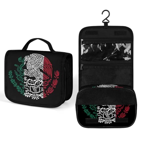 Mexico Flag Snake Ea-gles Mexican Logo Makeup Bag Portable Hanging Organizer for Travel Wash Bags With Handle And Divider