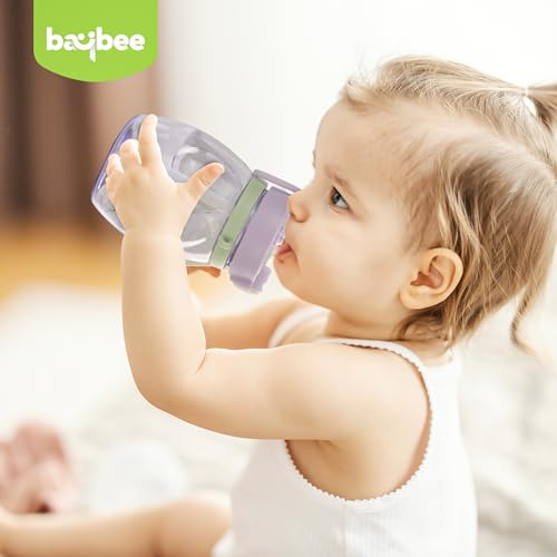 Image of Baybee Lovely Bunnies Kids Water Bottle 600ml | BPA Free & Leakproof Safe Sipper Bottle with Straw | Cute Rabbit Design Smooth Sipping with Handle & Neck Strap,Flip Lid for School Kids & Babys(Purple)