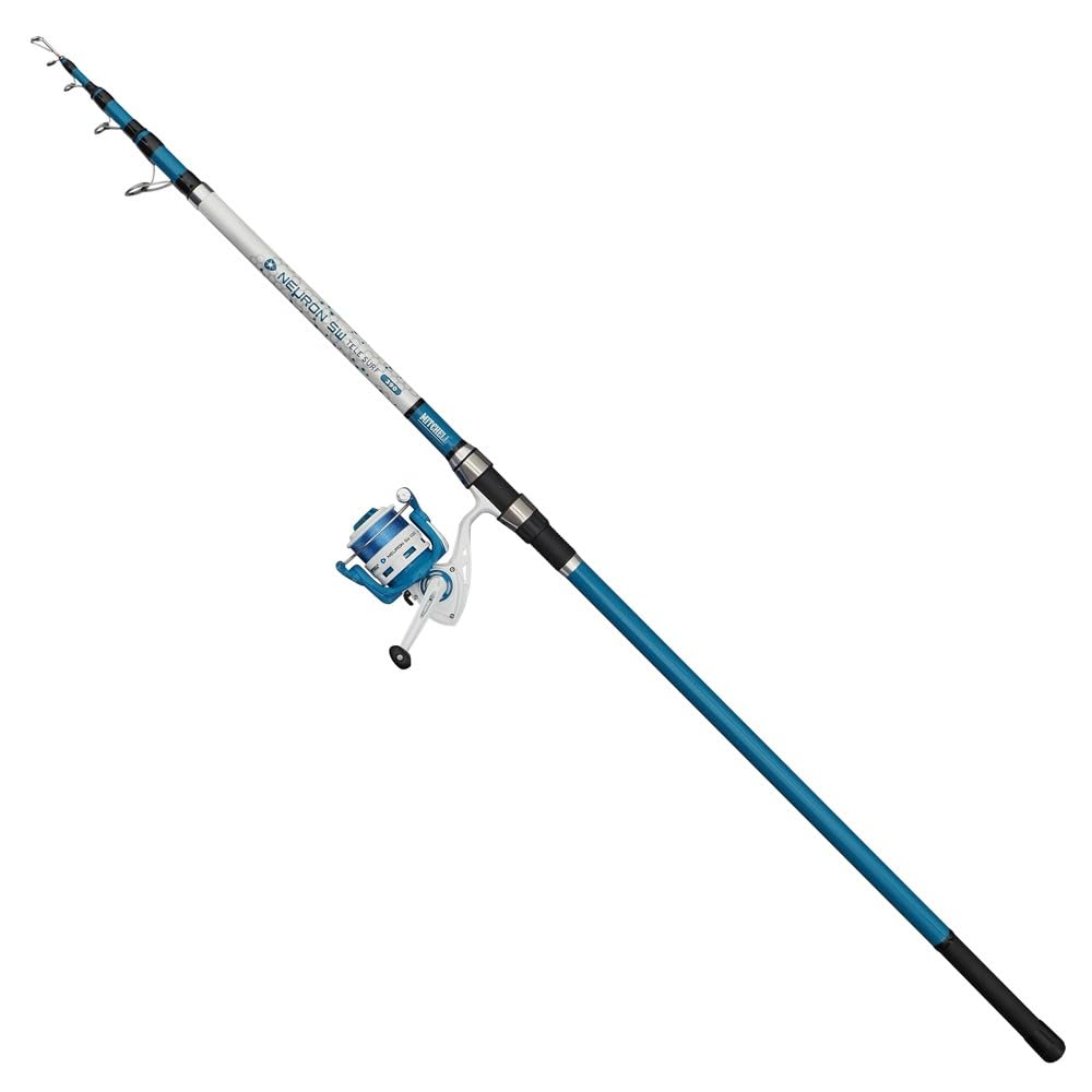 Mitchell Neuron SW II Ensemble Canne et Moulinet Tele Surf | Ensemble de pêche télescopique en Eau salée | Moulinet 1+1 roulement | Corps en Graphite | Pré-bobiné | 6000 | 3,90 m | 80-150 g