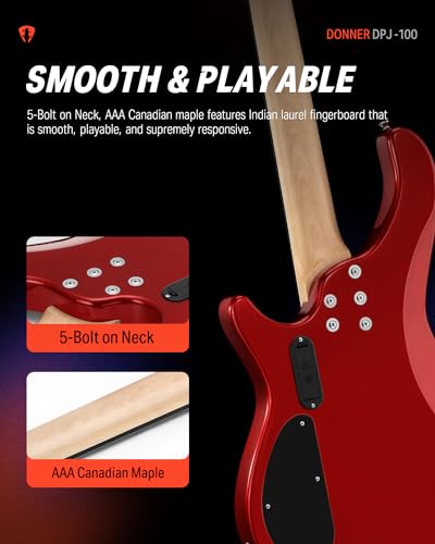 Donner Electric Bass Guitar 4 Strings Full-Size Standard Bass PJ-Style Electric Bass for Adults with Free Online Lesson,Gig Bag Guitar Strap and Guitar Cable Included, DPJ-100, Red