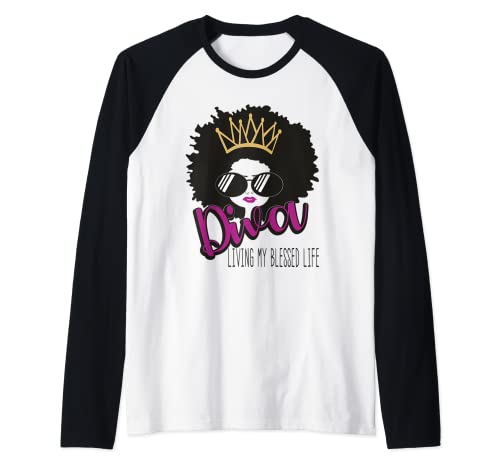 Negro Reina Rizado Natural Afroamericana Señora Chicas Camiseta Manga Raglan