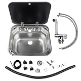 Getanye Square Single Bowl RV Sink with Folding Lid and Faucet (Cold/Hot) Stainless Steel Hand Wash Basin Sink for RV Camper Caravan Boat Home 16.5'D x 14.3'W x 6.3'H