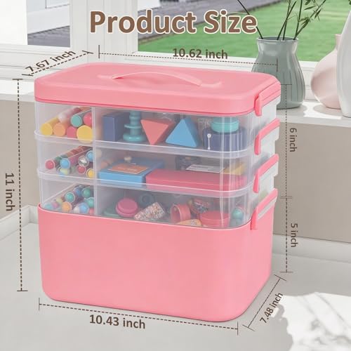 Image of Gifhomfix 4-Layer Plastic Craft Organizers and Storage Box with Removable Trays, Storage Containers with lids and Handle, Art Supply Storage Organizer for Organizing Bead, Sewing, Tool(Pink)