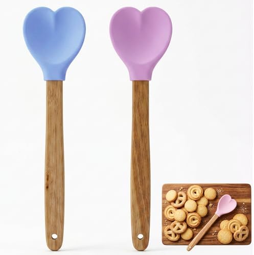 2 cucharas de silicona en forma de corazón con mango de madera, e...