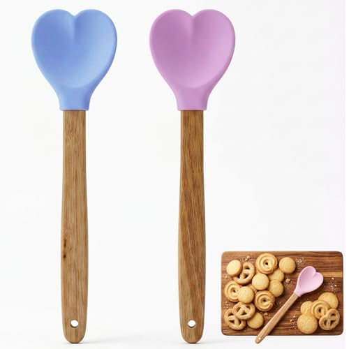 Lot de 2 cuillères en silicone en forme de cœur avec poignée en bois - Spatule en forme de cœur - Outils de cuisine antiadhésifs - Accessoires de cuisine pour femme, grand-mère, amie, sœur, pour la
