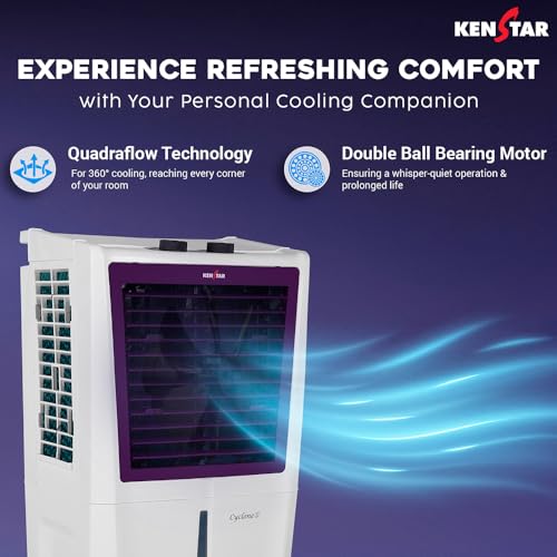 Image of Kenstar CYCLONE HC 27 L Room /Personal Air Cooler For Home| Honeycomb Pad |High Speed Fan |35 Ft Powerful Air Throw|Inverter compatible |Portable Cooler-Room|1-Yr Product Warranty|White & Purple