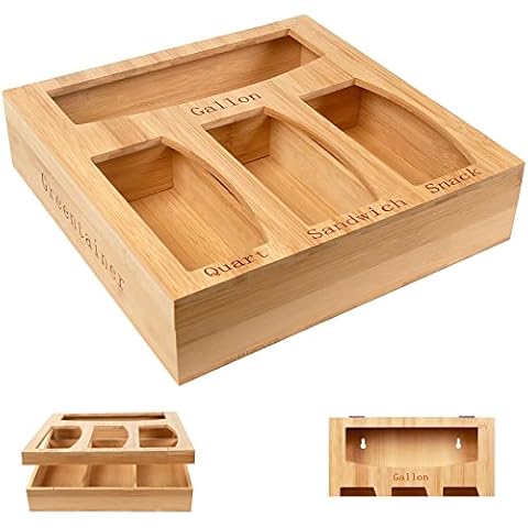 Bamboo Ziplock Bag Storage Organizer - Sousnous Organizer Dispenser for Kitchen Drawer, Food Storage Bag Organizer, Holder for Gallon, Quart, Sandwich and Snack Variety Size Bags(4 in 1) Cover