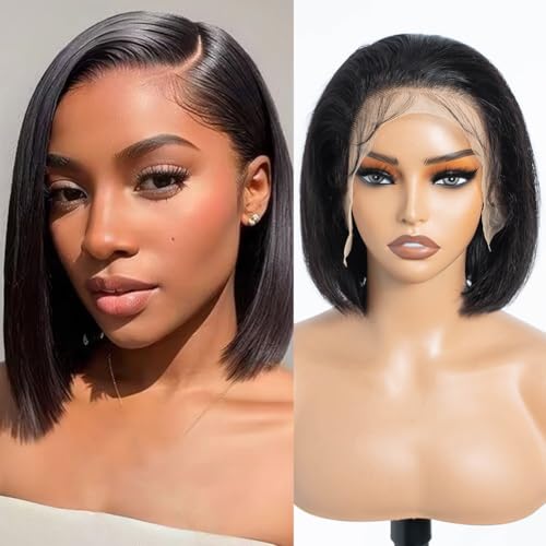 DÉBUT Pelucas de cabello humano lacio estilo Bob de 13 x 4 pulgadas, encaje frontal, prearrancado con abuelitos, densidad del 180 %, sin pegamento, para mujer (10 pulgadas, negro natural)
