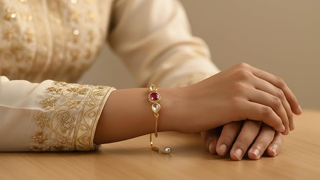 Image of Elegant Traditional Gold Plated /Rakhi Combo Of 1 Piece for Men and Women /brother /sister /bhabhi Kundan Stone combo set (Same as Shown In Image)