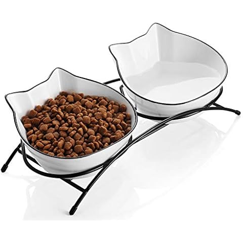 Samsle Raised Cat Bowls with Stand, 12 oz Ceramic Elevated Cat Bowls for Food and Water, Cute Pet Dishes for Cats and Small Dog Bowl, Double Cat Dishes, Dishwasher Safe Cover