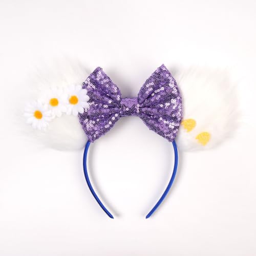 bianbaistar White Fluffy Mouse Ears Headband with Purple Sequin Bow Stretchy Hair Hoop for Adults & Women Cute Accessory for Theme Park Party Easter Cosplay