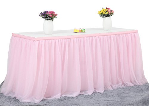 6FT Pink Tulle Table Skirt High-end Gold Brim 3 Layer Round or Rectangle