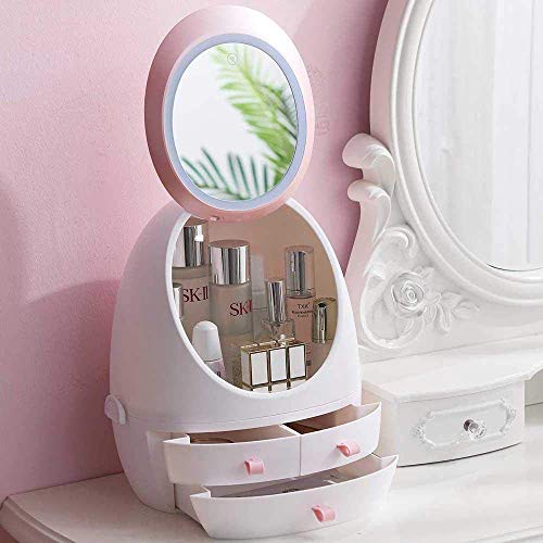 Image of PYU ENJOY SHOPPING Cosmetic Storage Box with Mirror and 360 Rotating Cover, Inside, Outside, White & Pink
