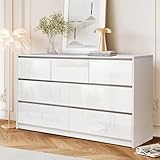 MAGIC UNION White High Glossy Dresser for Bedroom, Modern 7 Drawers High Gloss Chest of Handle-Free Drawers with Storage, Wooden Wide Storage Organizer Cabinet Dressers for Living Room, Entryway