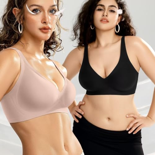 Image of Vertvie Jelly Wireless Bras for Women Push Up Plunge Seamless T-Shirt Bras No Underwire Supportive Full Coverage Bralettes
