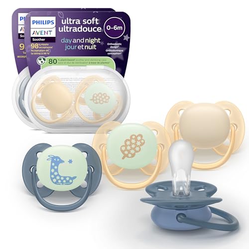 Philips Avent Chupetes Ultra Soft Day & Night   Diseño ortodóntico, para bebés 6 18 meses, brillan en la oscuridad, tetina simétrica de silicona, sin BPA, estuche esterilizador, pack de 4, SCF094/10