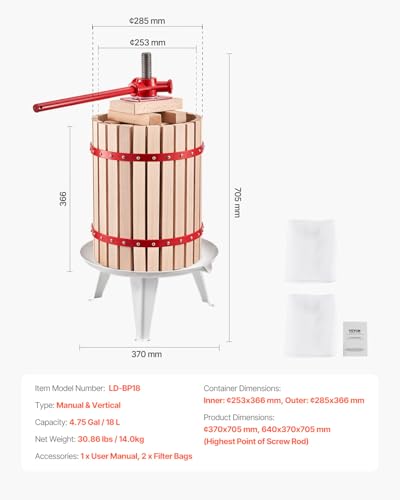 Image of VEVOR 4.75 Gal /18L Fruit Wine Press, Solid Wood Basket with 8 Blocks, Heavy Duty Manual Juice Maker, Cider Apple Grape Tincture Honey Olive Oil Making Press with Handle for Kitchen, Home