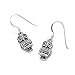 925 Oxidized Sterling Silver Detailed Wisdom Owl Black Eyes Dangle Hook Earrings, 28 mm