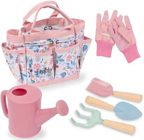 Kids Gardening Set with Watering Can – Toddlers Outdoor Gardening Kit with Planting Gloves, Shovel, Rake, Pink Tote Bag – 6PCS Kids Plant Growing Kit STEM Learning Gardening Gift for Kids & Toddlers