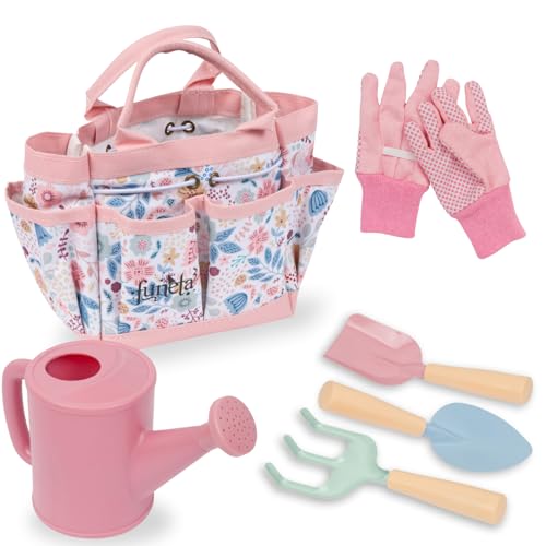 Funeta Floral Kids Gardening Set - Toddler Garden Tools, No-Leak Watering Can & Quality Tote Bag - Safe Metal Tools for Kids