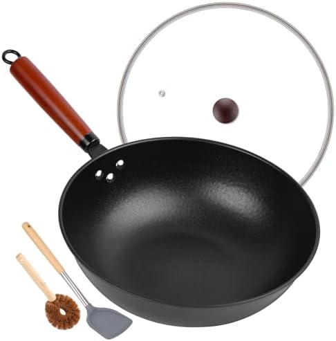 13" Nonstick Wok - Wok Pan with Glass Cover, Carbon Steel Woks & Stir-Fry Pans: Flat Bottom Chinese woks for Electric, Induction, Gas, All Stoves - Thumbnail 2