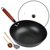 13' Nonstick Wok - Wok Pan with Glass Cover, Carbon Steel Woks & Stir-Fry Pans: Flat Bottom Chinese woks for Electric, Induction, Gas, All Stoves