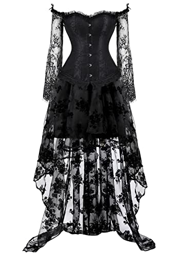 Grebrafan Gothic Korsett Bauchweg Corsage Taillen Korsett Dirndl Bluse Trachten Shirt mit Lang Tüllrock (EUR(44-46) 4XL, Schwarz)