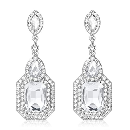 Silver Rhinestone Dangle Statement Earrings Wedding Earring for Women Brides Long Crystal Drop Earrings for Formal Prom