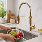 JUNSHENG Mitigeur de cuisine avec douche extractible, mitigeur de cuisine pivotant à 360 °, monocommande, acier inoxydable, or brossé