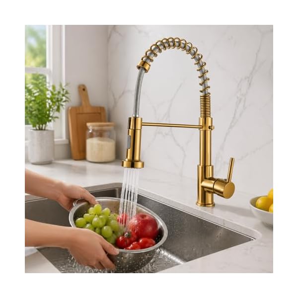 JUNSHENG Mitigeur de cuisine avec douche extractible, mitigeur de cuisine pivotant à 360 °, monocommande, acier inoxydable, or brossé