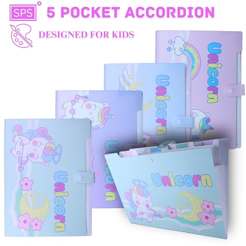 Image of SPS A4 Expanding File Folder - Pack of 4 | Unicorn Theme | 5 Pockets | Pastel Colors - Blue, Purple, Green, Pink | Snap Button Closure | Fits A4 & Letter Size | Cute & Kid-Friendly