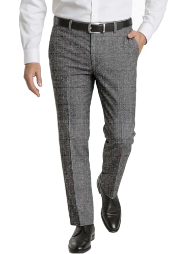Men's Classic Fit Dress Pants Checked Tweed Herringbone Wool Suit Trousers