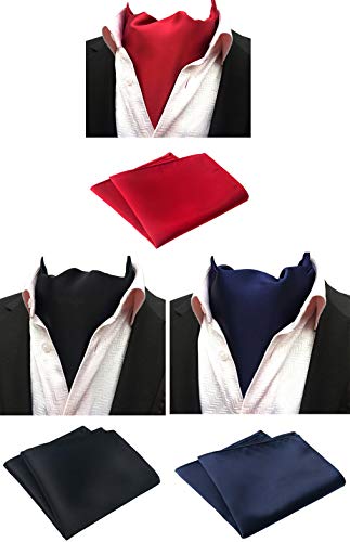 MOHSLEE Mens Solid Color 3 Pack Cravat Party Ascot Scarf Tie & Pocket