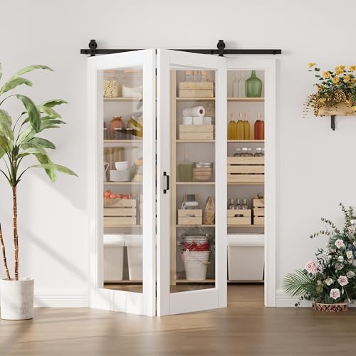 Image of 60 inchx80 inch White 1-Lite Clear Glass Bifold Barn Door Slab with 64 inch Track Kit